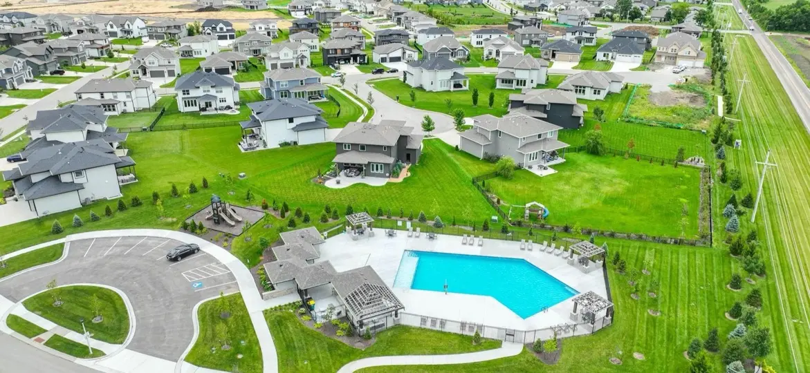 Wolf Run, Overland Park, Kansas: aerial view of the neighborhood's homes, pool and clubhouse