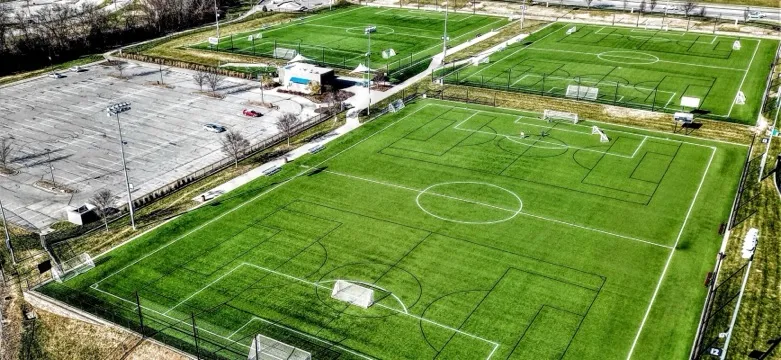 Scheels Overland Park Soccer Complex, Overland Park, Kansas: aerial view of the soccer fields and parking lot