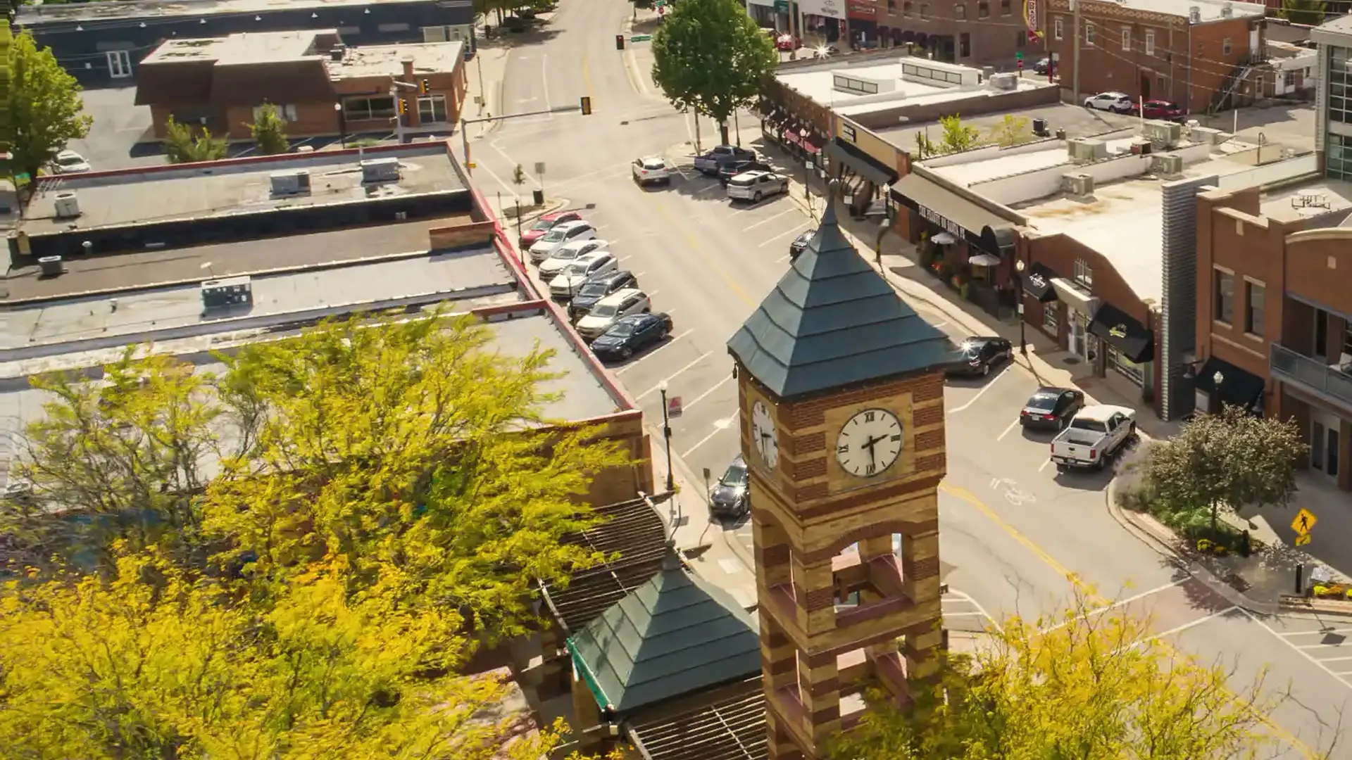 Downtown Overland Park, Kansas: the clock tower on Santa Fe Drive at golden hour